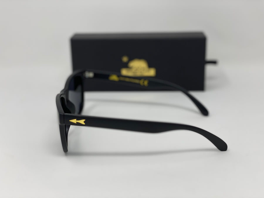 Sunglasses (Harpoon) - Bear Flag Fish Co. Side view of Unisex, Polarized Sunglasses. Relaxed fit and stylish. Gold Harpoon logo on side of sunglasses with a Gold Bear Flag logo on box and carrying case.