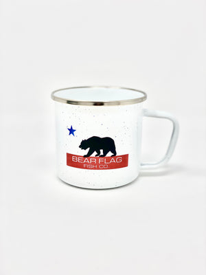 Our Signature white Metal Mug with the Bear Flag Fish Co. Logo 