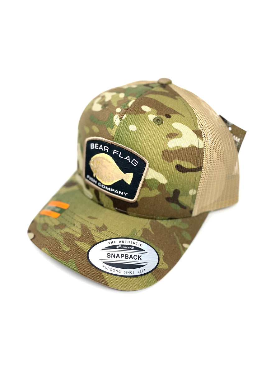 Cold Water Sanddab Retro Trucker - Bear Flag Fish Co. Cold Water Sand Dab Retro Trucker - An army print patched trucker. 
