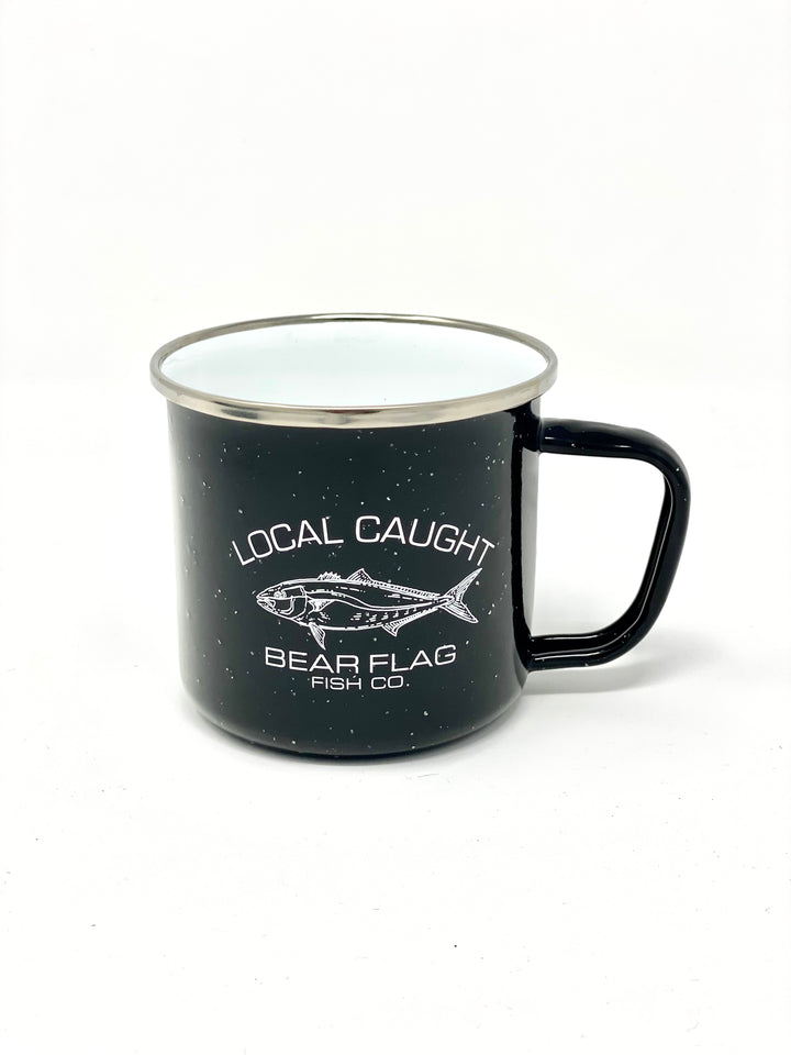 Black Metal Mug That Says Local Caught Bear Flag Fish Co. with a White Fish.