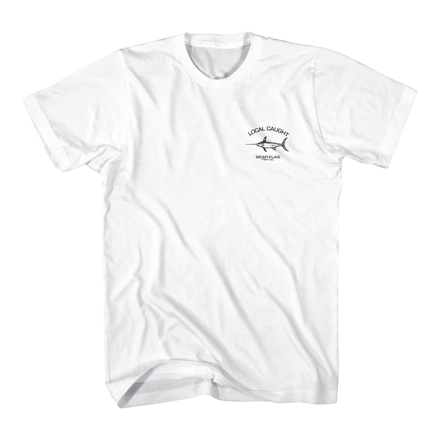 Add a piece of Bear Flag Fish and complete your styled look with the Bear Flag inspired Local Caught Swordfish  t-shirt. This tee comes in a relaxed fit for comfort. It comes with the screen-printed Local Caught Swordfish  logo on the front left chest and Bear Flag 2 Sword fishing boat on the back. A graphic tee that can withstand any fishing trip with the crew. 