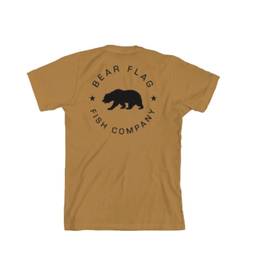 Cali Bear Gold Shirt - Bear Flag Fish Co.Our classic Bear Flag shirt in gold featuring our signature bear logo with bear flag lettering around the bear. Same design is on the front and back. 