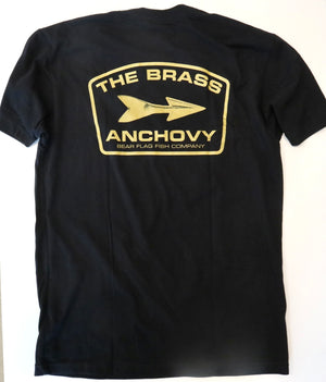 Brass Anchovy Short Sleeve T-Shirt - This tee comes in a relaxed fit for comfort, while the screen-printed Bear Flag Fish Co. emblem logo on the front left chest and on the Back you Have the Dart Of the Harpoon that is called the Brass Anchovy in A Brass Color.