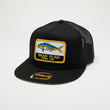 Load image into Gallery viewer, Yellowtail Patch Hat Black - Bear Flag Fish Co. Pair your classic looks with a  Yellowtail Patch hat. Given a classic hat silhouette, this accessory features a bold embroidered logo patch on the front crown while the back contains a classic snapback design.  Custom patchwork yellowtail patch Logo Slightly curved bill  Adjustable snapback sizing piece on the back for a custom fit  One Sits Fits All 
