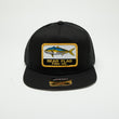 Load image into Gallery viewer, Yellowtail Patch Hat Black - Bear Flag Fish Co. Pair your classic looks with a  Yellowtail Patch hat. Given a classic hat silhouette, this accessory features a bold embroidered logo patch on the front crown while the back contains a classic snapback design.  Custom patchwork yellowtail patch Logo Slightly curved bill  Adjustable snapback sizing piece on the back for a custom fit  One Sits Fits All 
