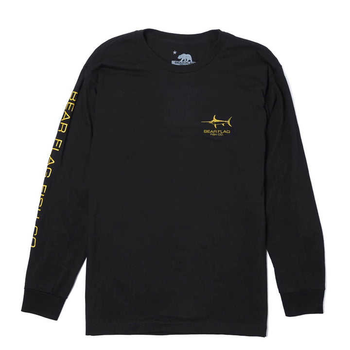 Brass Anchovy LS Shirt Black - This tee comes in a relaxed fit for comfort. It comes with the screen-printed Bear Flag swordfish logo on the front left chest and Bear Flag Brass Anchovy Dart /wordmark logo on the back. A graphic tee that can withstand any fishing trip with the crew. 