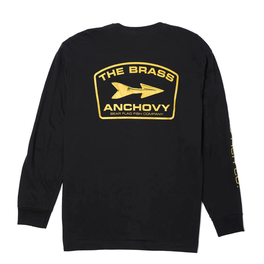 Brass Anchovy LS Shirt Black -This tee comes in a relaxed fit for comfort. It comes with the screen-printed Bear Flag swordfish logo on the front left chest and Bear Flag Brass Anchovy Dart /wordmark logo on the back. A graphic tee that can withstand any fishing trip with the crew. 