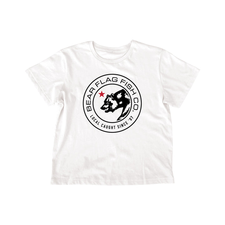 Women’s Emblem Short Sleeve shirt - Bear Flag Fish Co. Women’s organic certified 100% cotton, blind stitch at sleeves and straight hem at the bottom. Drop shoulder fit and extra soft. White with Bear Flag Logo on the front. 