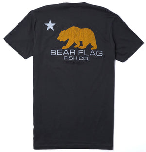 Vintage OG Mens Tee - Bear Flag Fish Co. This black tee comes in a relaxed fit for comfort, while the screen-printed Bear Flag OG logo in gold and white on the front left chest and on the back add a branded statement.